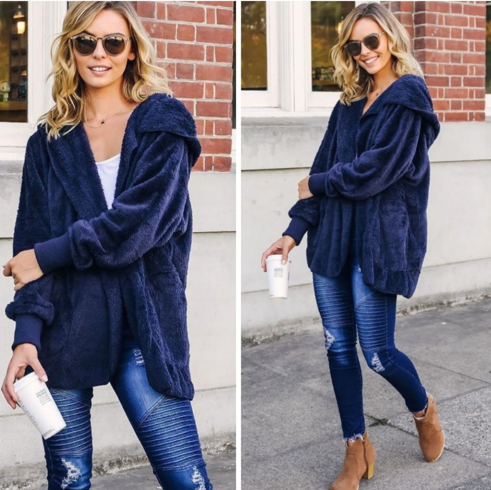 🆕️NAVY BLUE L/ S TEDDY SHERPA HOODED JACKET